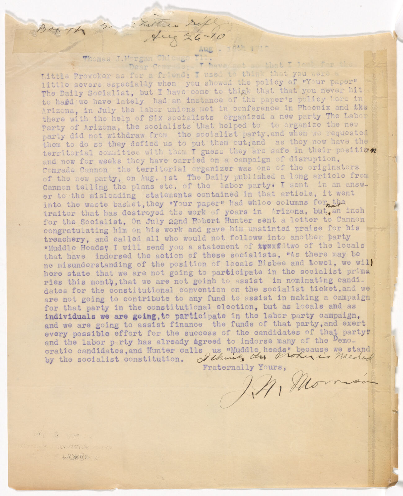 Jim Morrison Letters Folder 58, Item 7: Letter from J.N. Morrison to T.J. Morgan, August 26 ...
