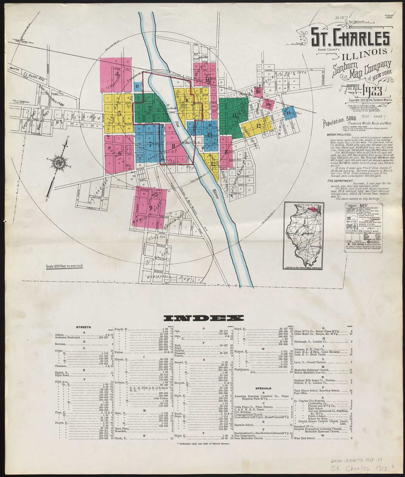 St. Charles, Kane County, Illinois, April 1923. Sanborn Map Company of