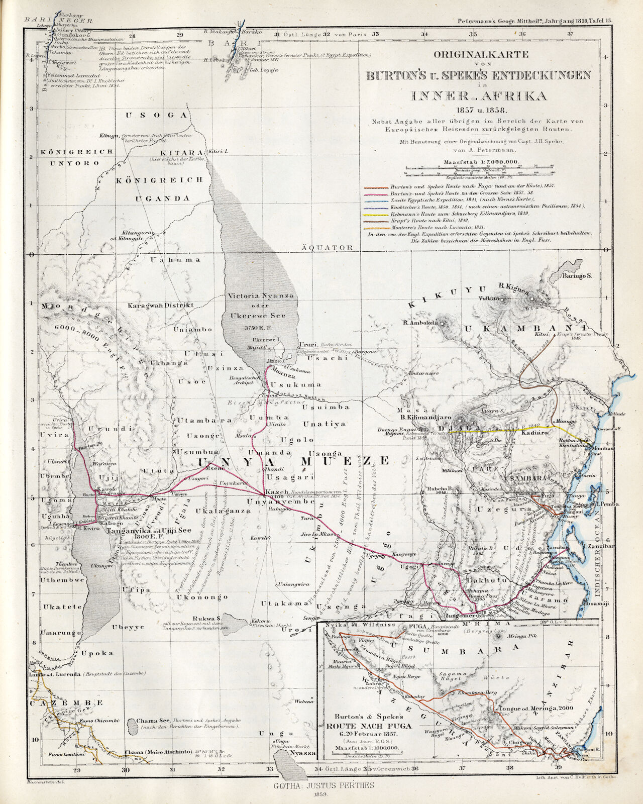 Originalkarte von Burton's u. Speke's Entdeckungen in Inner_Afrika 1857 ...