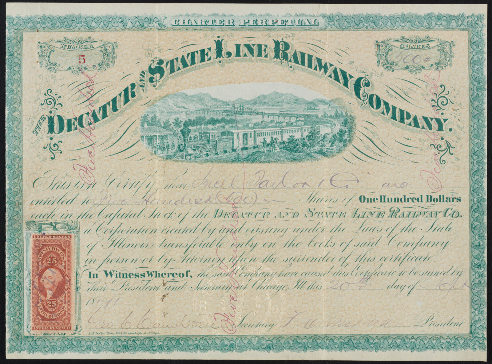 Decatur and State Line Railway Company stock certificate