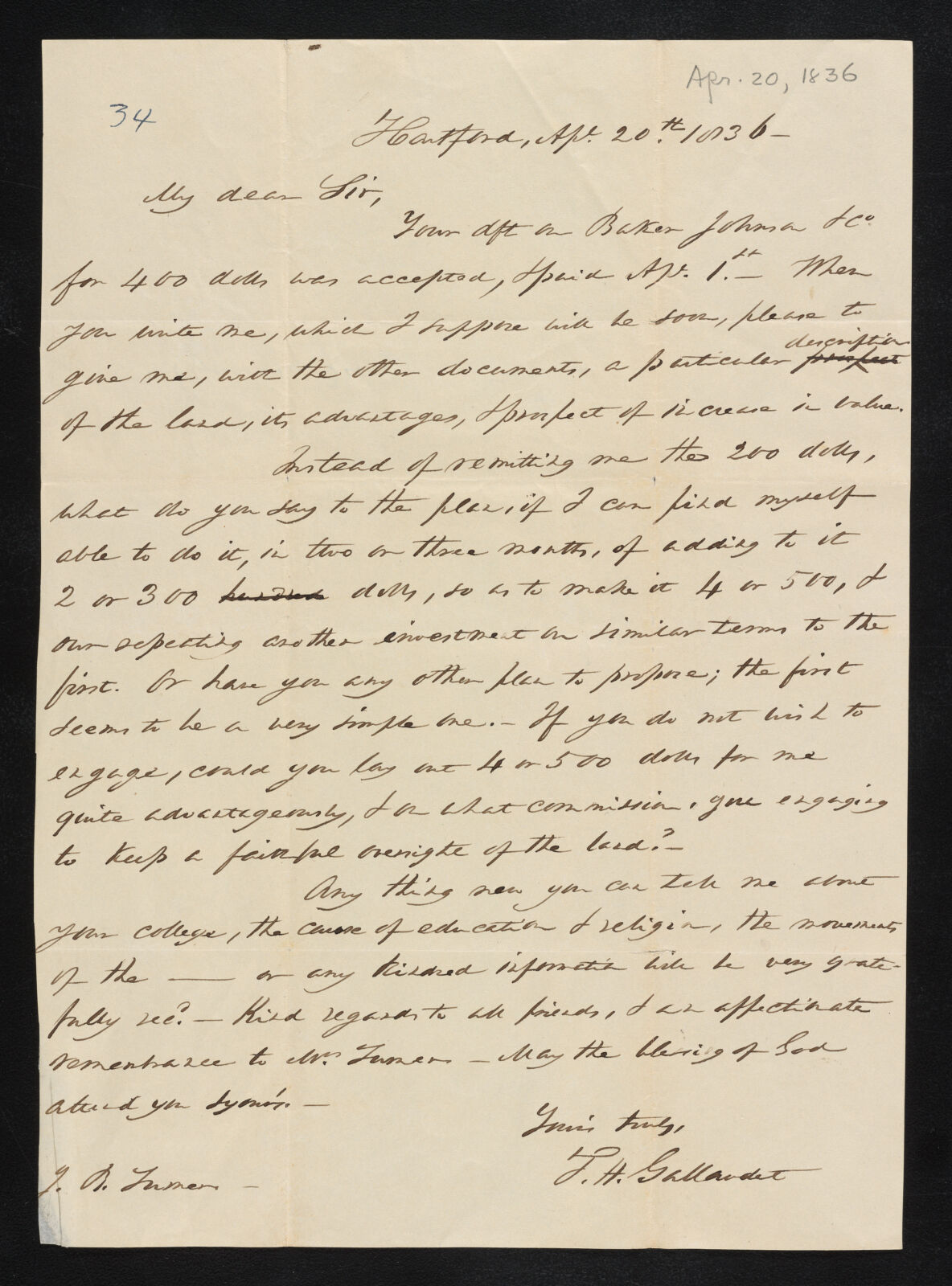 Letter from Thomas Hopkins Gallaudet to Jonathan Baldwin Turner, April ...