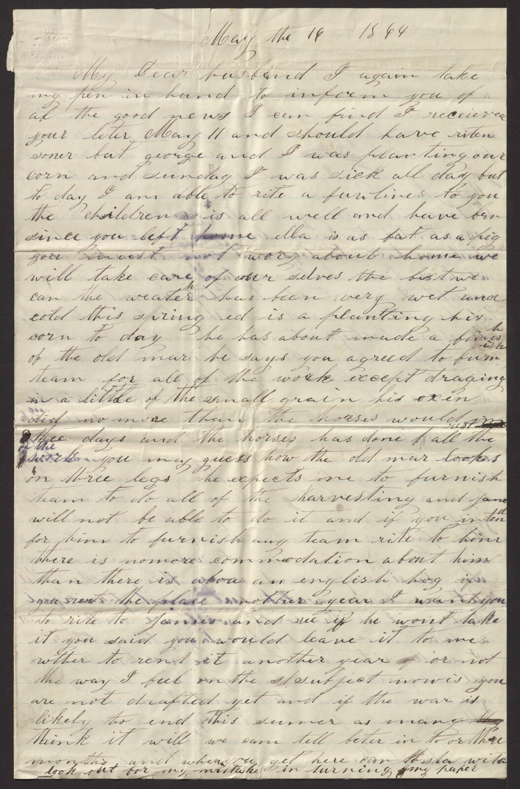 Letter from Margaret A. King to Philander B. King, May 16, 1864 ...