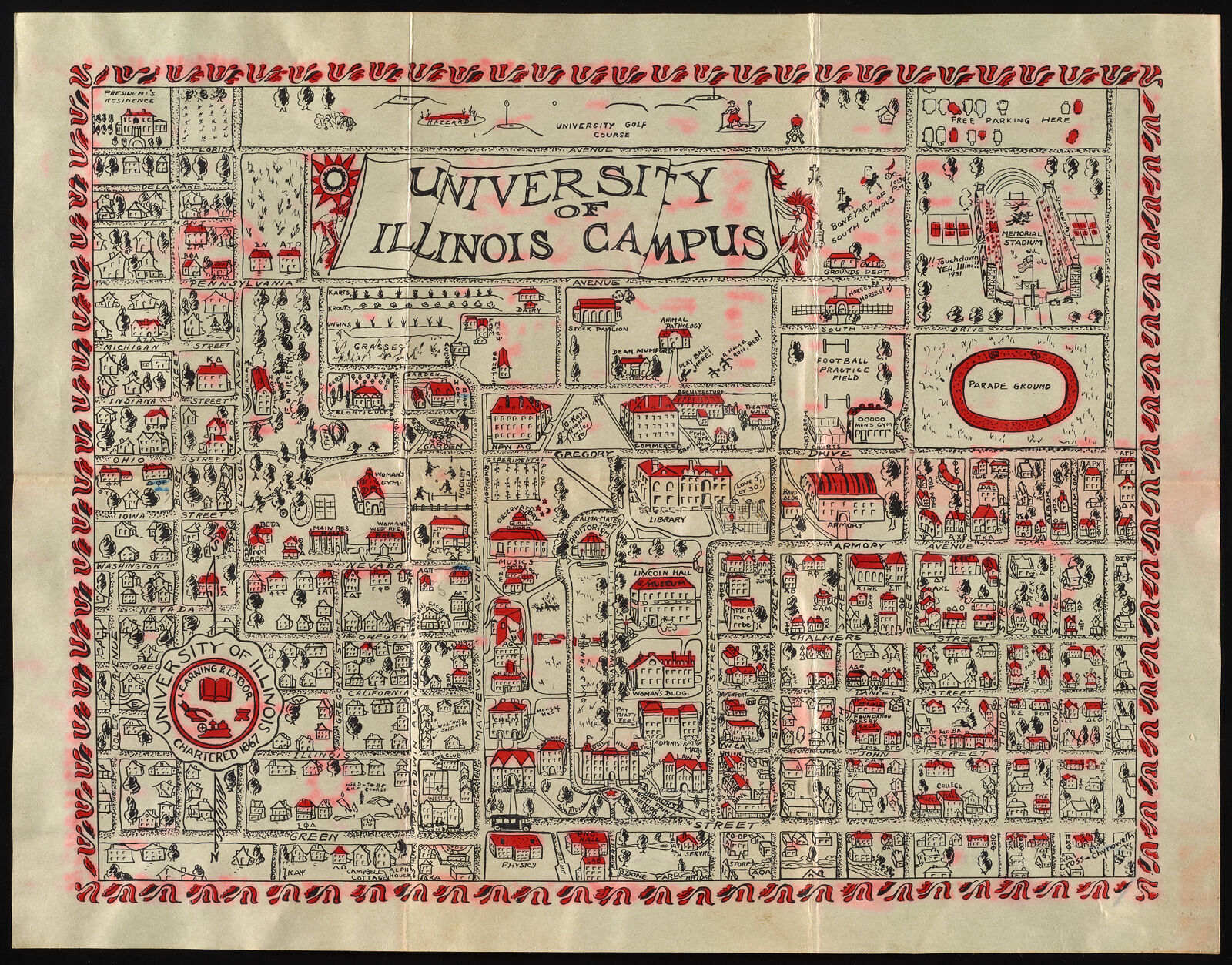 Campus Cartoon Map C 1935 Digital Collections At The University Of Illinois At Urbana 9778