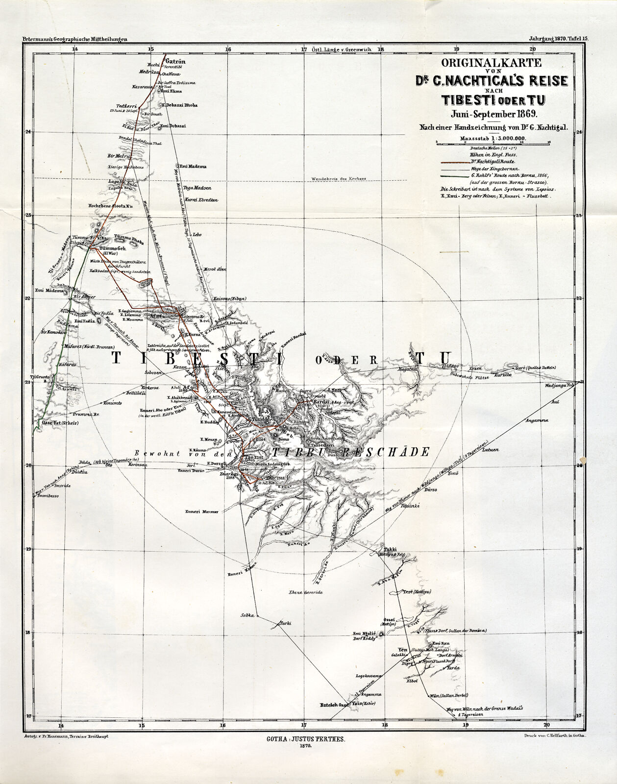 Originalkarte Von Dr. C. Nachtigal's Reise Nach Tibesti Oder Tu, Juni 